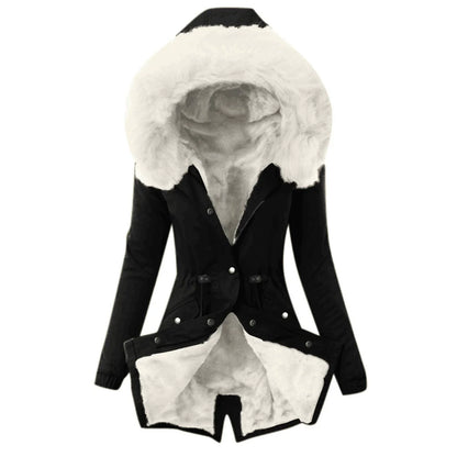 Women’s Jacket – Slim Fit – Plush-Lined Hood – Adjustable Waist – Mid-Length – Flap Pockets