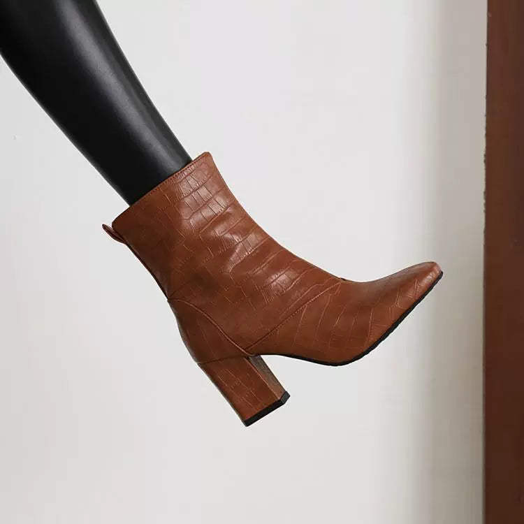 Women’s Ankle Boots – Embossed Texture – Square Toe – Chunky Heel – Side Zipper Closure