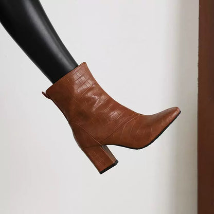 Women’s Ankle Boots – Embossed Texture – Square Toe – Chunky Heel – Side Zipper Closure