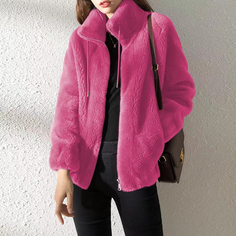 Women’s Jacket – Plush Fleece – Relaxed Fit – Zip Front – Stand Collar – Side Pockets