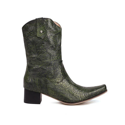 Men's Mid-Calf Boot – Embossed Floral Design – Pointed Toe – Low Block Heel – Zipper Closure