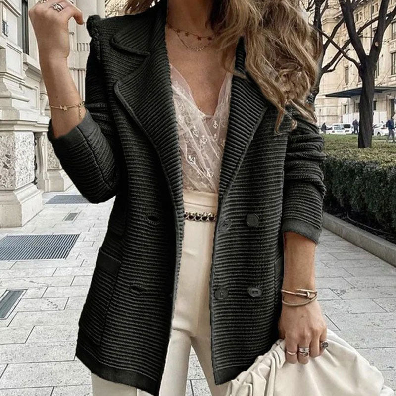 Women’s Knit Jacket – Double-Breasted – Tailored Fit – Ribbed Texture – Flap Pockets