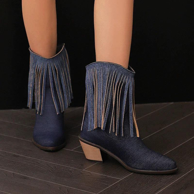Women’s Ankle Boots – Pointed Toe – Block Heel – Fringe Detail – Slip On – Calf Height
