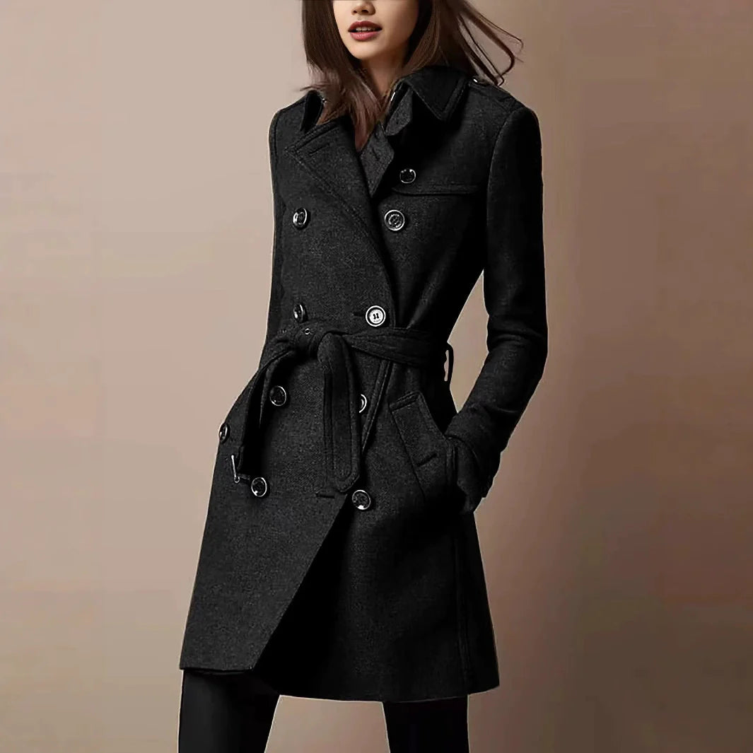 Women’s Coat – Slim Fit – Wool Feel – Double-Breasted – Belted Waist – Mid-Thigh Length