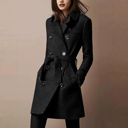Women’s Coat – Slim Fit – Wool Feel – Double-Breasted – Belted Waist – Mid-Thigh Length