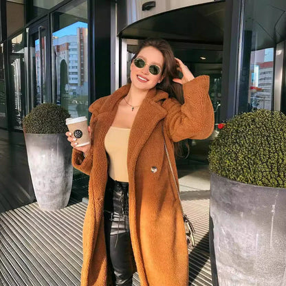 Women’s Long Coat – Oversized Relaxed Fit – Plush Soft Texture – Notched Lapel