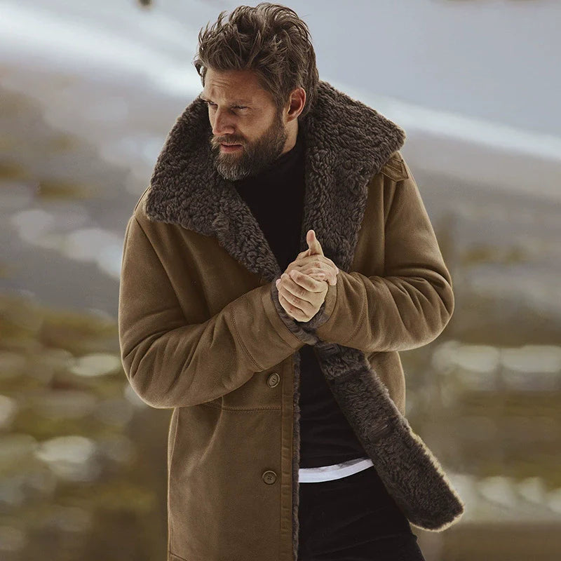 Men’s Overcoat – Relaxed Fit – Wool Blend – Shearling Collar – Button Front – Mid-Thigh