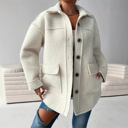 Women’s Coat – Oversized Fit – Plush Teddy Fleece – Lapel Collar – Patch Pockets