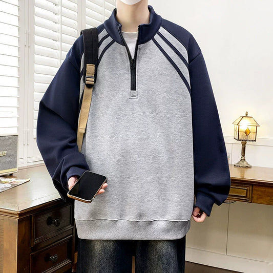 Men’s Sweatshirt – Oversized Relaxed Fit – Half Zip Collar – Contrast Sleeves – Cotton Blend