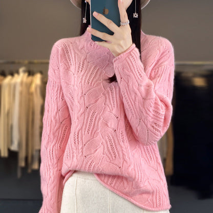 Women’s Sweatshirt – Loose Fit – Soft Knit – Open-Knit Texture – Mock Neck – Hip Length