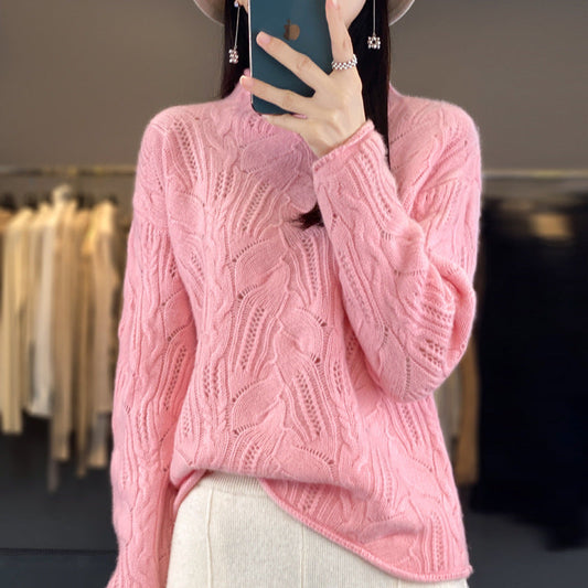 Women’s Sweatshirt – Loose Fit – Soft Knit – Open-Knit Texture – Mock Neck – Hip Length
