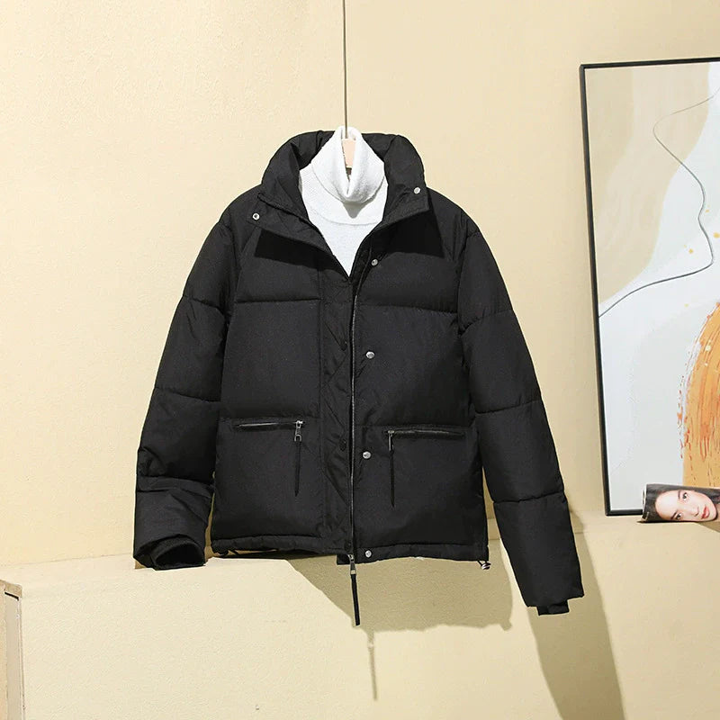Women’s Puffer Coat – Quilted Insulated – Boxy Fit – Cropped Length – Stand Collar