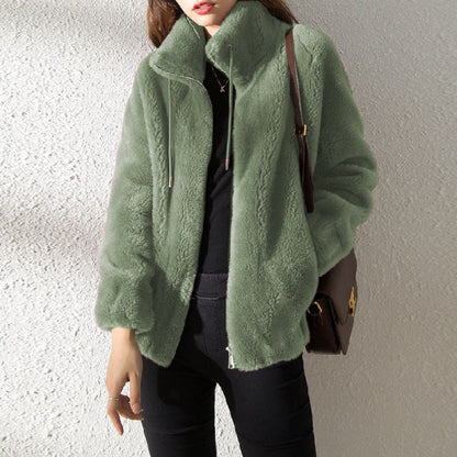 Women’s Jacket – Plush Fleece – Relaxed Fit – Zip Front – Stand Collar – Side Pockets