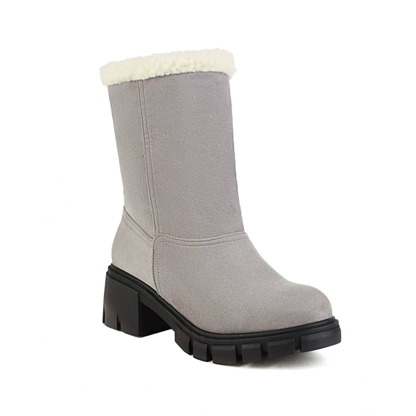 Women’s Ankle Boots – Block Heel – Plush Fold-Over Cuff – Lug Sole – Pull-On Fit