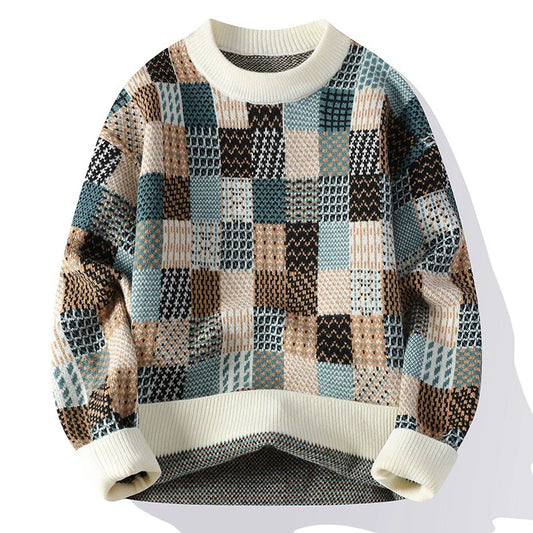 Men’s Pullover Sweater – Relaxed Fit – Wool Blend Knit – Checkerboard Patchwork