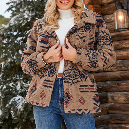 Women’s Jacket – Oversized Fit – Fuzzy Texture – Geometric Pattern – Lapel Collar – Button Front