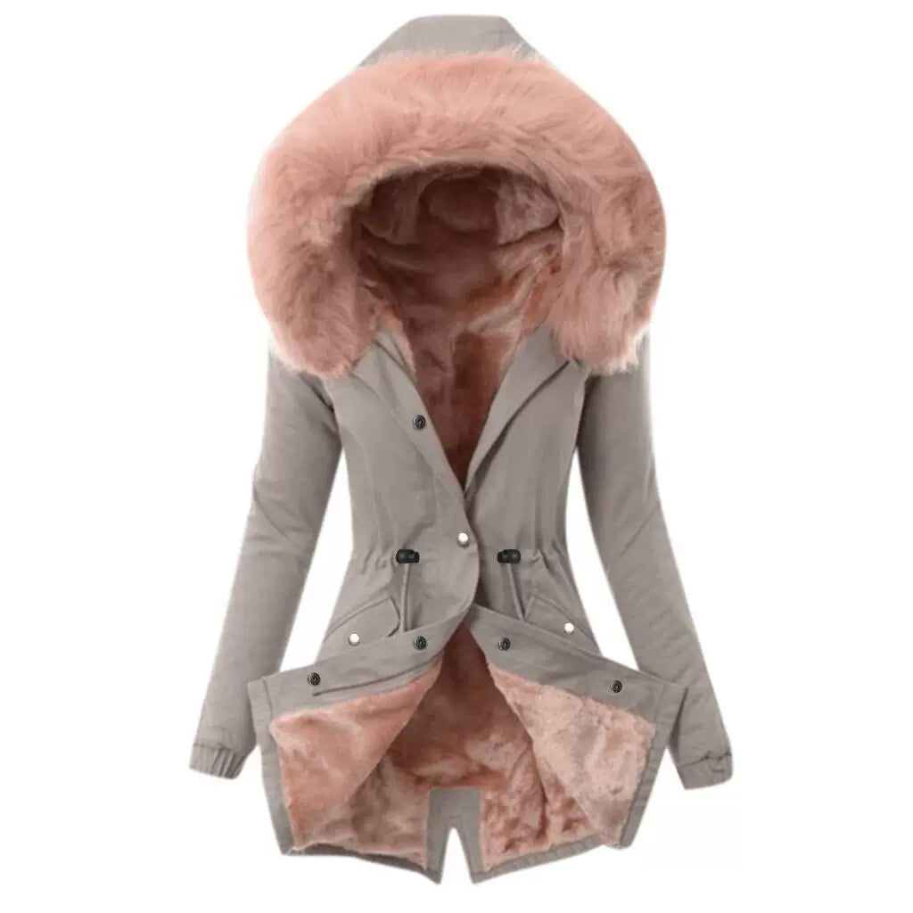 Women’s Jacket – Slim Fit – Plush-Lined Hood – Adjustable Waist – Mid-Length – Flap Pockets