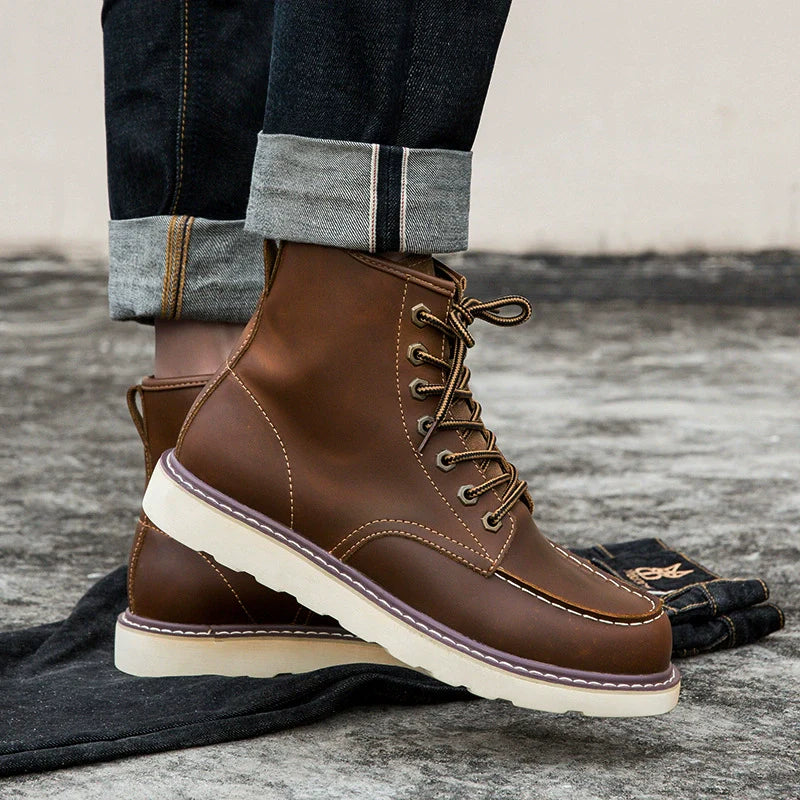 Men’s Ankle Boots – Leather – Lace-Up – Moc-Toe – Padded Collar – Durable Sole