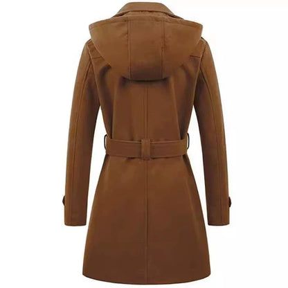 Women’s Coat – Double-Breasted Wool – Tailored Fit – Belted Waist – Hooded – Mid-Thigh Length