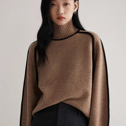Women’s Turtleneck Top – Relaxed Fit – Soft Knit – Ribbed Trim – Contrast Piping