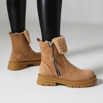 Women’s Ankle Boots – Faux Fur Lined – Lug Sole – Round Toe – Zipper Closure