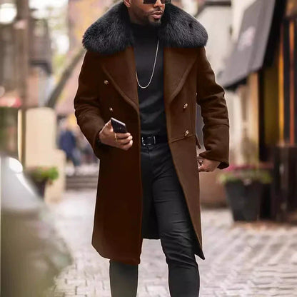Men’s Overcoat – Wool Blend – Oversized Fit – Double-Breasted – Plush Fur Collar