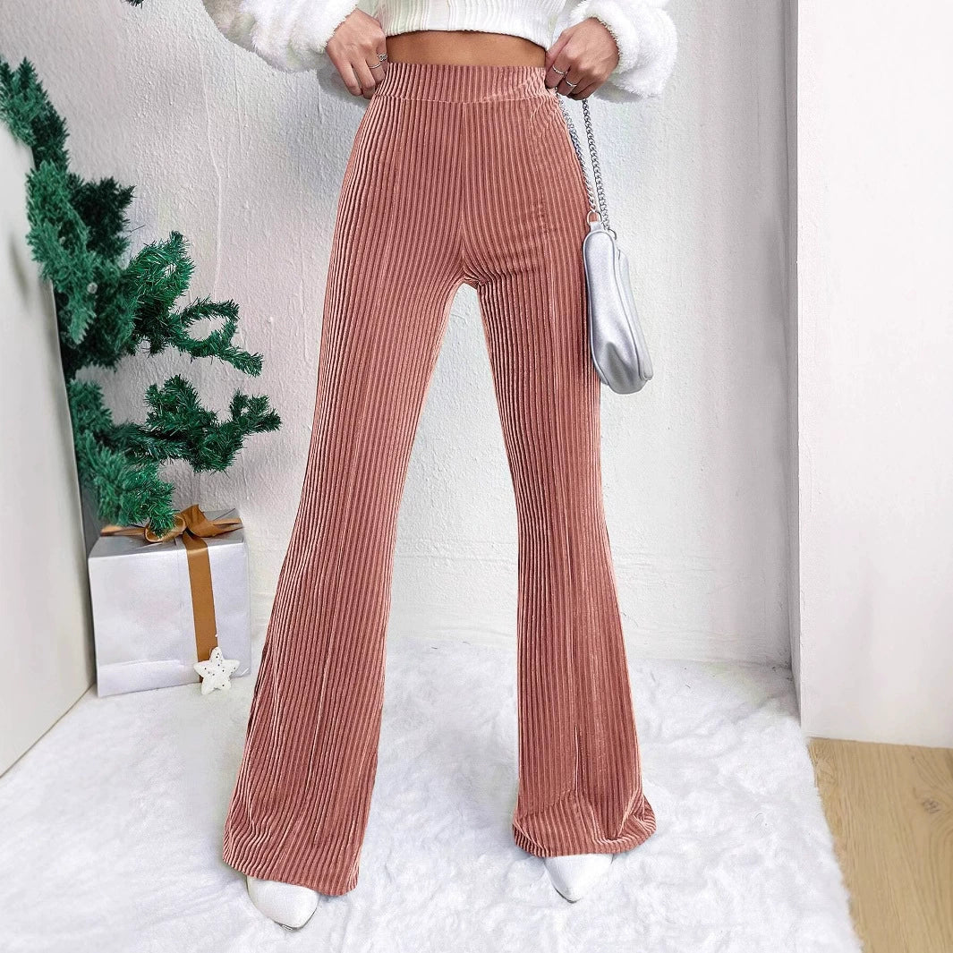 Women’s Flared Pants – High Waist Pull-On Fit – Ribbed Texture – Wide Leg Full Length