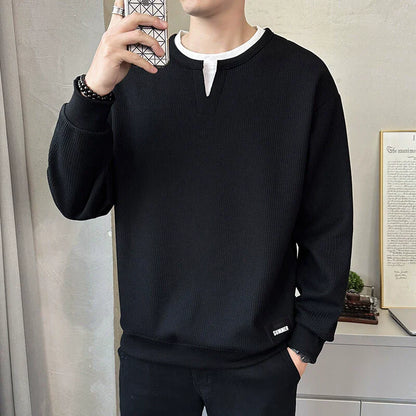 Men’s Sweatshirt – Relaxed Fit – Waffle Knit – Layered V-Notch Collar – Ribbed Trim