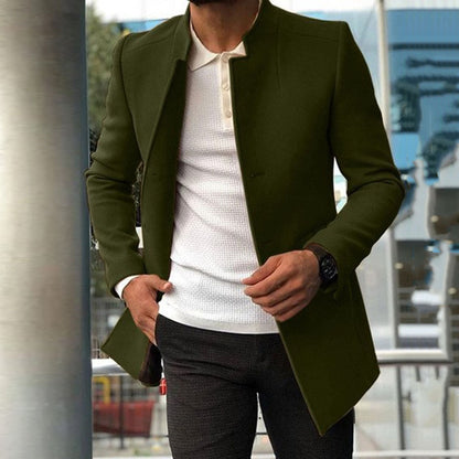 Men’s Overcoat – Slim Fit – Wool Blend – Standing Collar – Concealed Placket