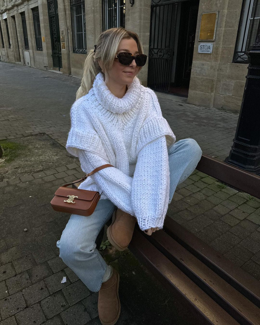 Women’s Pullover Sweatshirt – Chunky Knit Wool – Oversized Fit – Turtleneck – Ribbed Cuffs