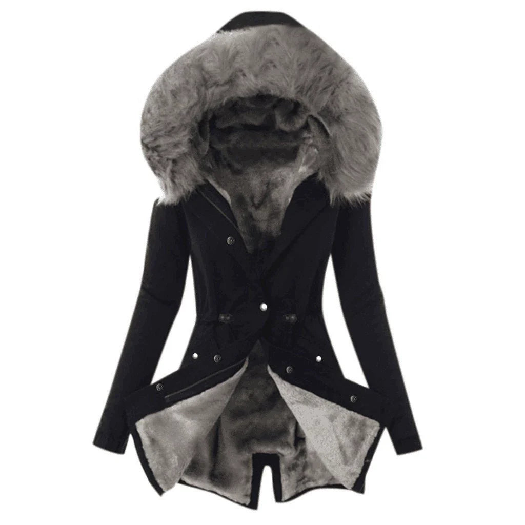 Women’s Jacket – Slim Fit – Plush-Lined Hood – Adjustable Waist – Mid-Length – Flap Pockets