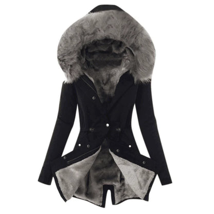 Women’s Jacket – Slim Fit – Plush-Lined Hood – Adjustable Waist – Mid-Length – Flap Pockets