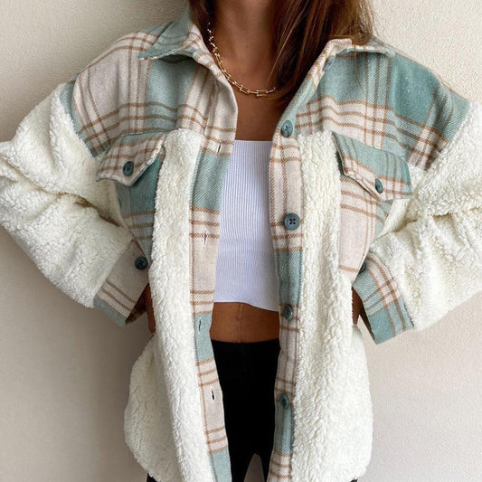 Women’s Shacket Jacket – Oversized Relaxed Fit – Sherpa Fleece – Plaid Wool Blend – Button Front