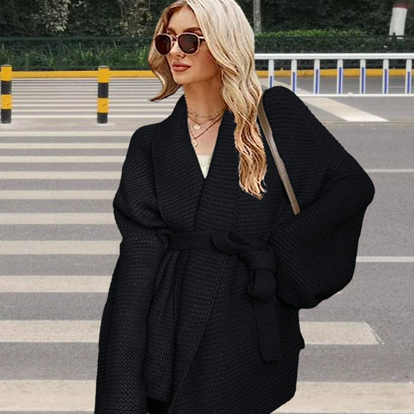 Women’s Cardigan – Chunky Knit – Oversized Fit – V-Neck – Waist Tie – Mid-Length