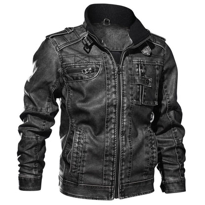 Men’s Jacket – Slim Fit – Leather-Like Fabric – Stand-Up Collar – Multi-Pocket – Epaulet Design