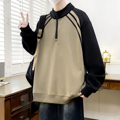 Men’s Sweatshirt – Oversized Relaxed Fit – Half Zip Collar – Contrast Sleeves – Cotton Blend