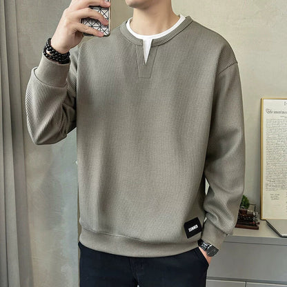 Men’s Sweatshirt – Relaxed Fit – Waffle Knit – Layered V-Notch Collar – Ribbed Trim