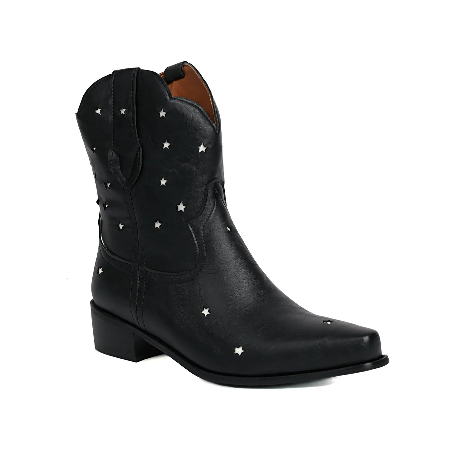Women’s Ankle Boots – Snip Toe – Star Studded – Low Block Heel – Pull-On Western Style