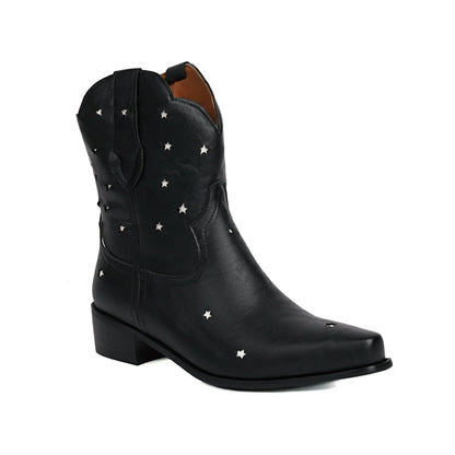 Women’s Ankle Boots – Snip Toe – Star Studded – Low Block Heel – Pull-On Western Style
