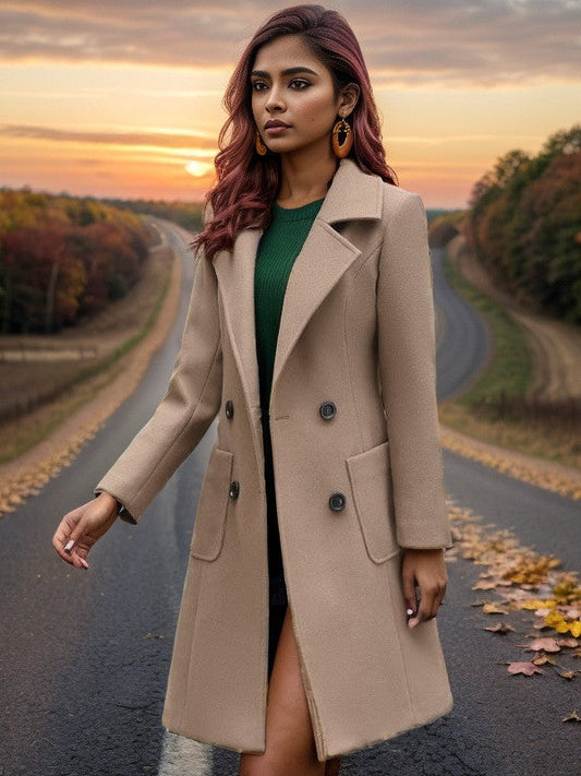 Women’s Coat – Tailored Fit – Wool Blend – Double-Breasted – Notched Lapel – Midi Length