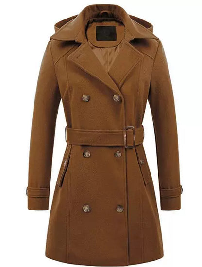 Women’s Coat – Double-Breasted Wool – Tailored Fit – Belted Waist – Hooded – Mid-Thigh Length