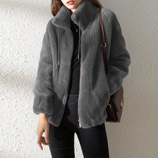 Women’s Jacket – Plush Fleece – Relaxed Fit – Zip Front – Stand Collar – Side Pockets