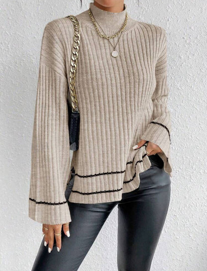 Women’s Knitted Sweater – Oversized Fit – Ribbed Texture – Mock Neck – Long Sleeve