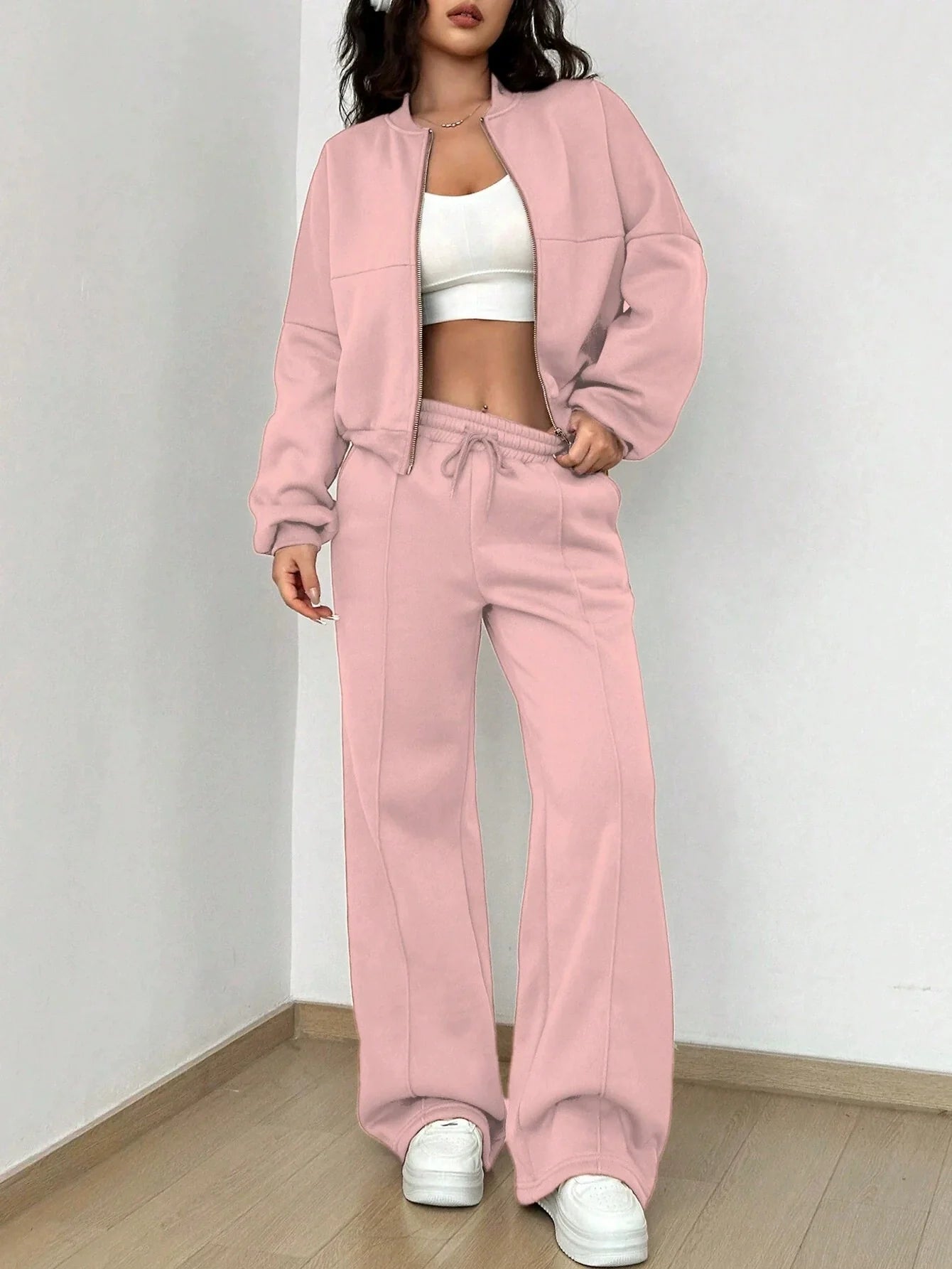 Women’s Bomber Jacket & Jogger Set– Relaxed Fit – Soft Fleece-Like Fabric – Zip Front Casual Layer