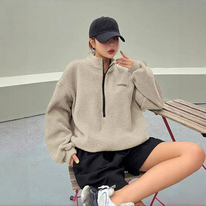 Women’s Pullover Sweatshirt – Plush Fleece – Oversized Fit – Mock Neck Half Zip