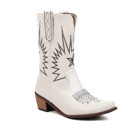 Women’s Western Boots – Leather – Embroidered – Square Toe – Block Heel – Mid-Calf