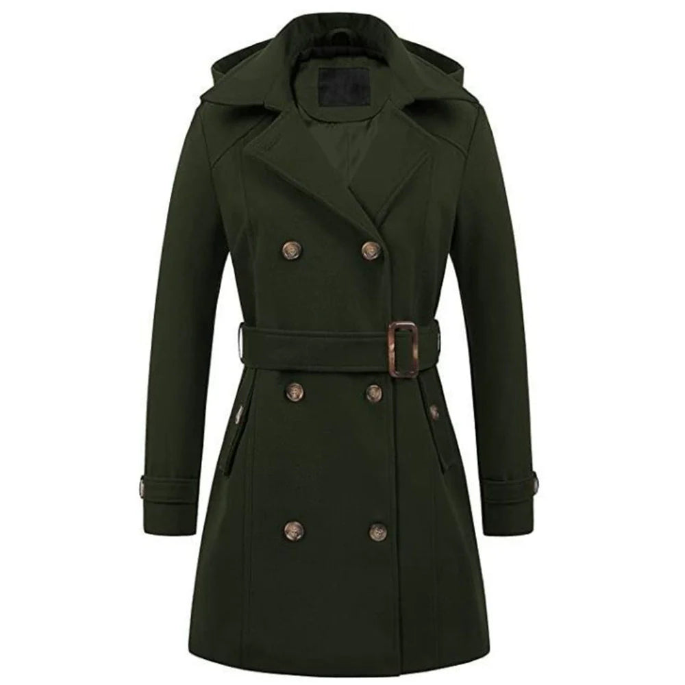 Women’s Coat – Double-Breasted Wool – Tailored Fit – Belted Waist – Hooded – Mid-Thigh Length