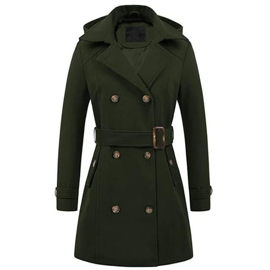 Women’s Coat – Double-Breasted Wool – Tailored Fit – Belted Waist – Hooded – Mid-Thigh Length
