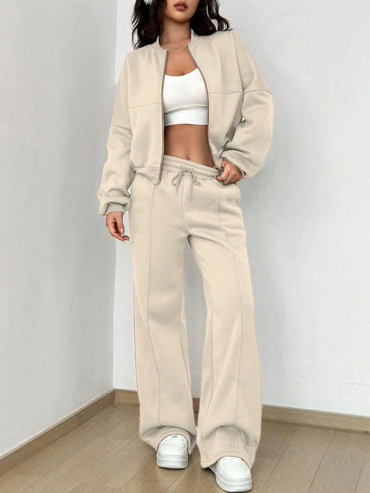 Women’s Bomber Jacket & Jogger Set– Relaxed Fit – Soft Fleece-Like Fabric – Zip Front Casual Layer