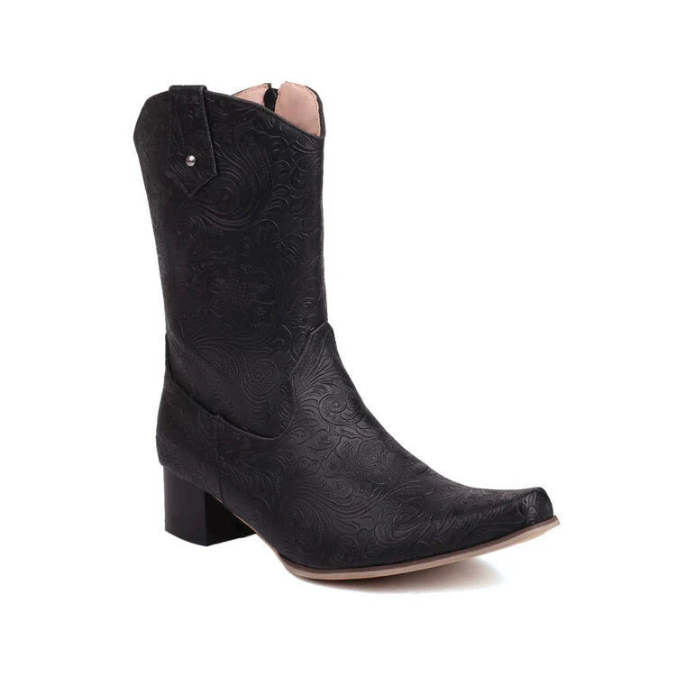 Men's Mid-Calf Boot – Embossed Floral Design – Pointed Toe – Low Block Heel – Zipper Closure